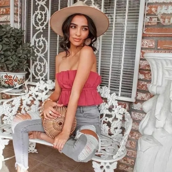 CLEARANCE Red Pleated Cropped Strapless Open Back Tube Top - Picture 1 of 3